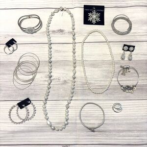 Faux Pearl and Silver Tone Jewelry Lot of 18 Necklaces Earrings Bracelets Brooch